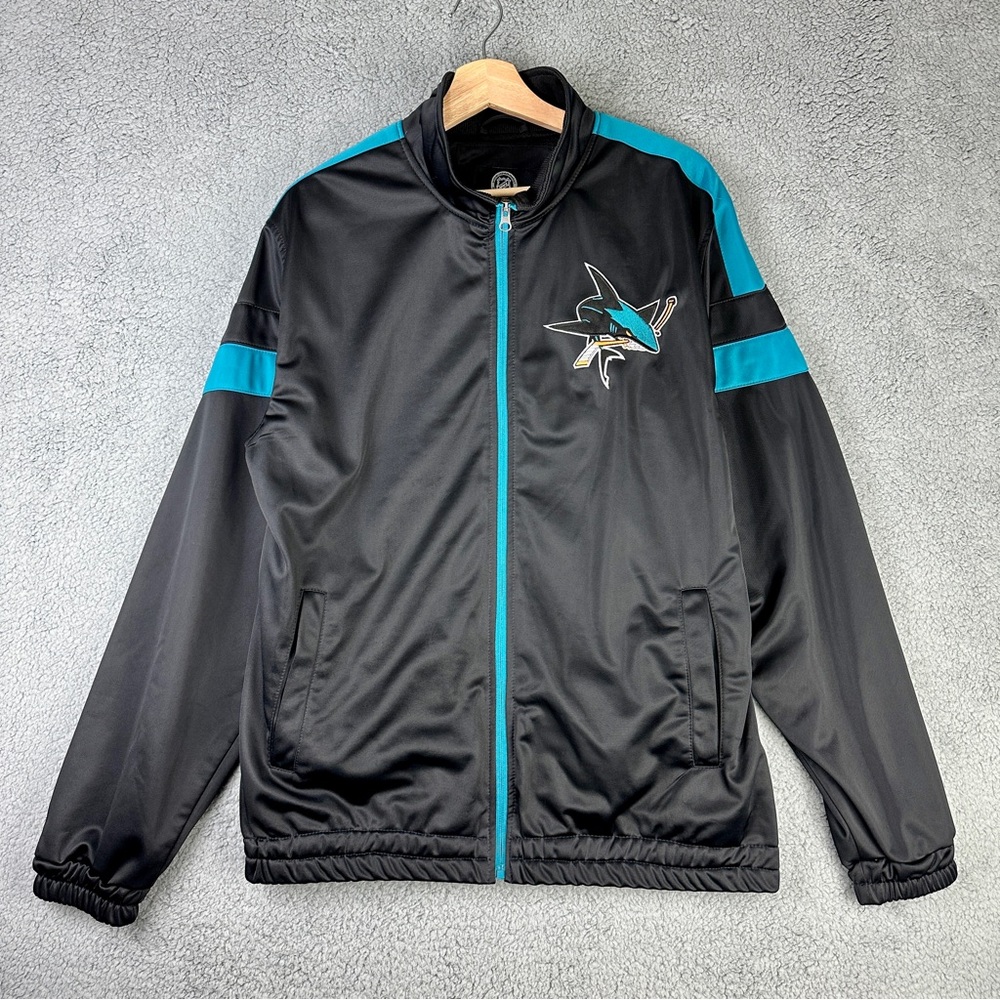 NHL San Jose Sharks Embroidered Black and Teal Logo Full-zip Track Jacket Large